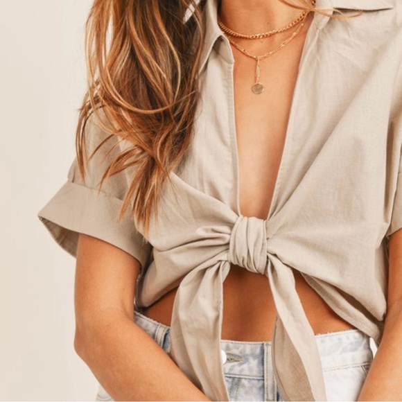 Mable The Label Tie Front Cropped Short Sleeve Collared Top Large Linen Blend - Picture 2 of 8